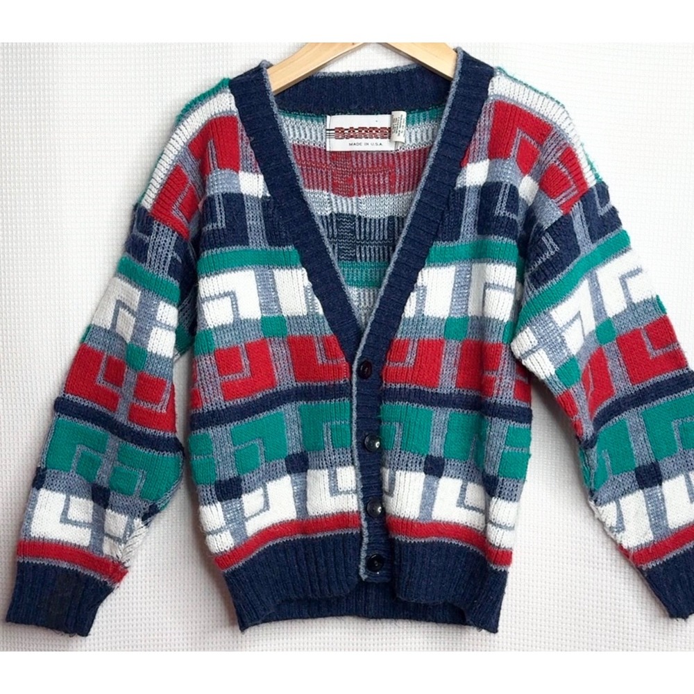 Vintage Barrel Kids Cardigan Sweater Geometric Block Knit Made in USA Size M 5-6